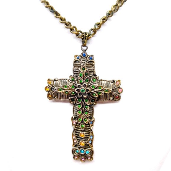 Little Nemo Ornate Cross Pendant Necklace, Vintage Multi Color Crystals